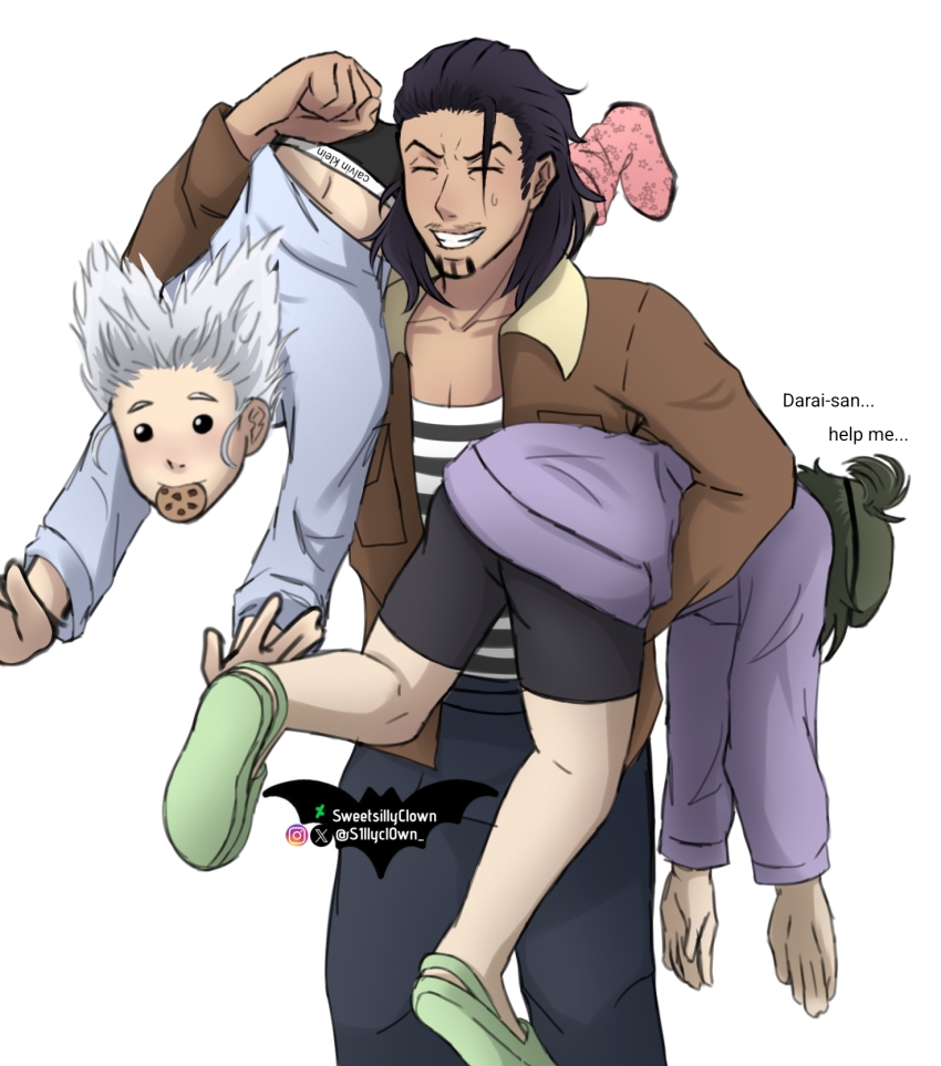 3boys arm_up black_eyes black_hair black_pants black_shirt blue_lock blue_sweater boxers brown_jacket calvin_klein carrying carrying_person cookie eating food green_hair green_sandals jacket long_hair long_sleeves male_underwear multiple_boys niou_kazuma open_clothes open_jacket pants ponytail purple_sweater sandals shirt simple_background striped_clothes striped_shirt sweater teppei_neru underwear wakatsuki_itsuki white_background white_hair white_shirt y_i_n_g