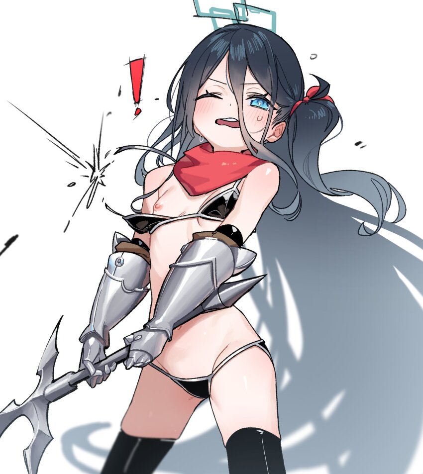 ! 1girl alternate_costume aris_(blue_archive) armor bare_shoulders bikini_armor black_hair blue_archive blue_eyes bongnom breasts commentary_request cowboy_shot flat_chest gauntlets hair_between_eyes halo highres holding holding_sword holding_weapon loli long_hair long_hair_between_eyes navel nipples one_breast_out one_eye_closed one_side_up open_mouth rectangular_halo simple_background small_breasts solo sword very_long_hair wardrobe_malfunction weapon white_background
