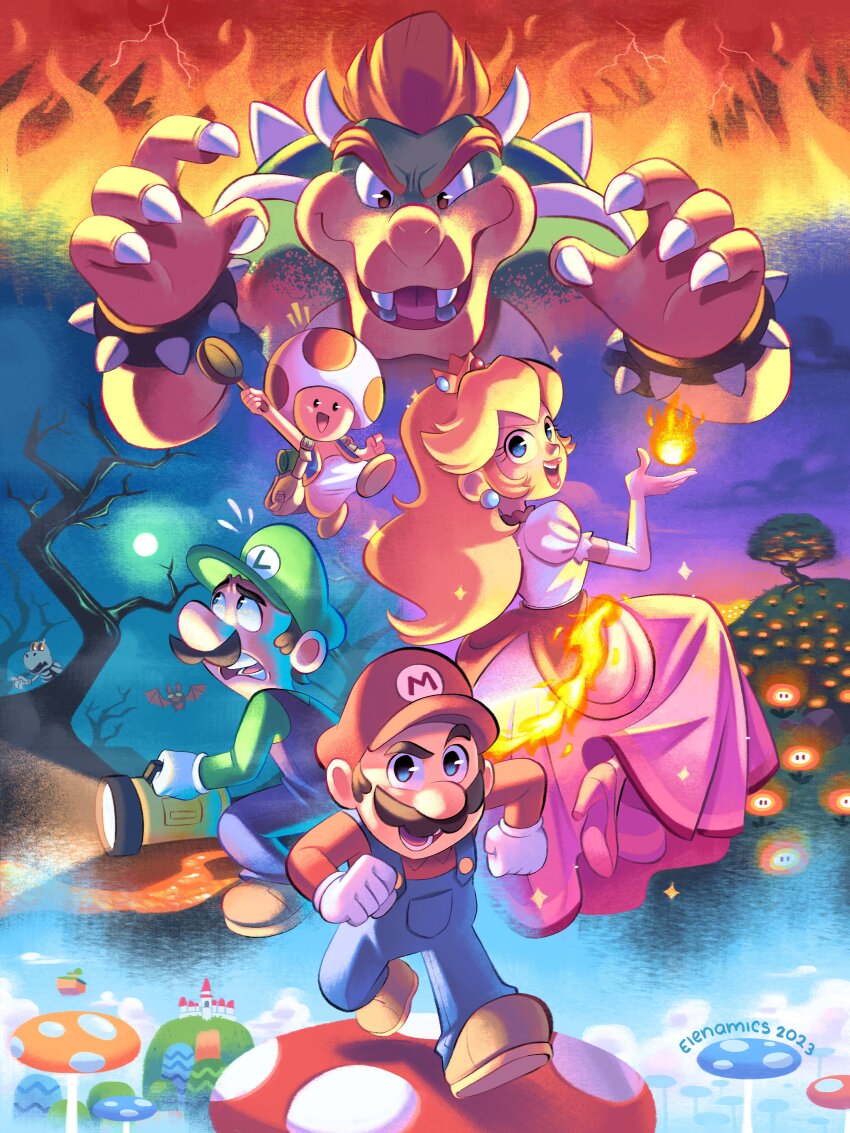 1girl 4boys absurdres armlet bat_(super_mario_galaxy) blonde_hair blue_eyes blue_overalls bowser bracelet claws commentary crown dress dry_bones earrings elenamics facial_hair fangs fire fire_flower flashlight full_body gloves hat highres jewelry light long_hair looking_at_viewer luigi male_focus mario mario_(series) multiple_boys mushroom mustache nintendo open_mouth overalls pink_dress princess_peach princess_peach&#039;s_castle red_hair red_headwear sharp_teeth shirt short_hair smile spiked_armlet spiked_bracelet spiked_shell spikes symbol-only_commentary teeth the_super_mario_bros._movie toad_(mario) turtle_shell