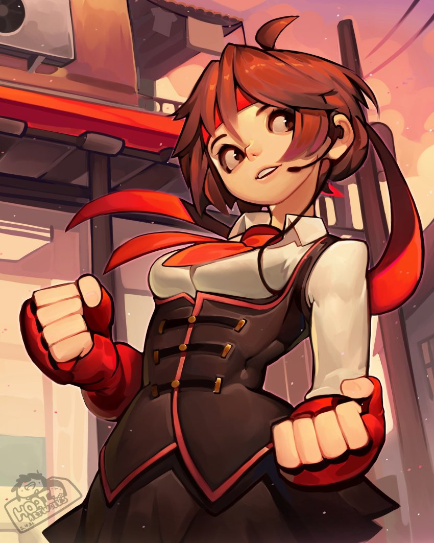 1girl ahoge artist_name black_skirt black_vest breasts brown_eyes building clenched_hands clothesline cloud cloudy_sky commentary dated dress_shirt dusk english_commentary fingerless_gloves from_below gloves hands_up headband headset highres hoai_vu kasugano_sakura long_sleeves looking_away looking_to_the_side necktie outdoors pleated_skirt red_gloves red_headband red_necktie red_ribbon ribbon shirt short_hair skirt sky small_breasts solo street_fighter street_fighter_v swept_bangs underbust utility_pole vest watermark white_shirt wing_collar wire