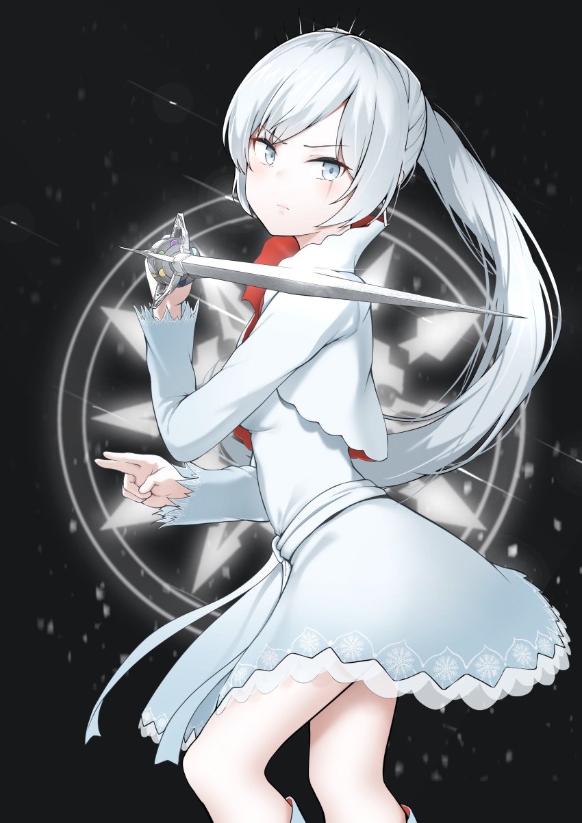 1girl absurdres black_background boots breasts closed_mouth cropped_jacket dress driftkingtw feet_out_of_frame fighting_stance floating_hair foreshortening from_side glyph grey_eyes hair_ornament hand_up highres holding holding_sword holding_weapon long_hair myrtenaster ponytail rwby sash scar scar_across_eye scar_on_face short_dress small_breasts snowflake_print solo swept_bangs sword v-shaped_eyebrows very_long_hair weapon weiss_schnee white_dress white_hair