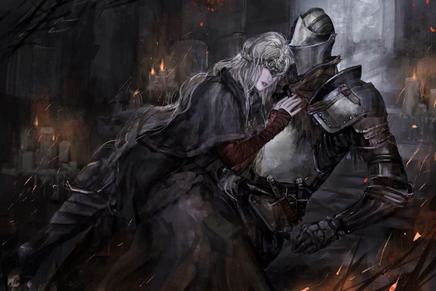 1girl 1other ambiguous_gender armor ashen_one_(dark_souls) black_capelet black_robe blindfold blonde_hair breastplate candle capelet chinese_commentary commentary_request covered_eyes covered_face dark_souls_(series) dark_souls_iii embers feet_out_of_frame fire_keeper from_side full_armor gauntlets hands_on_another&#039;s_chest helm helmet highres long_hair lying_on_person parted_lips pauldrons realistic robe sadchunchun sheath sheathed shoulder_armor sword torn_clothes wavy_hair weapon
