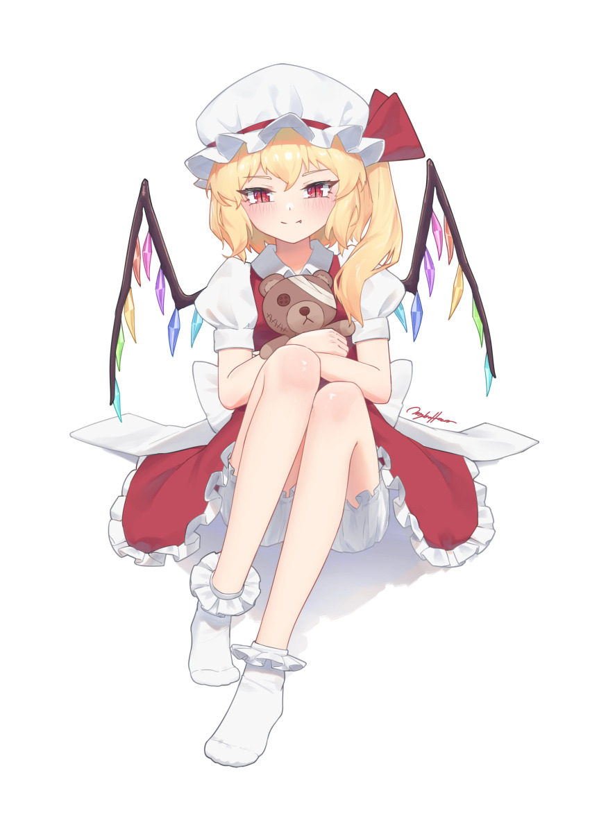 1girl absurdres blonde_hair bloomers blush bobby_socks chinese_commentary closed_mouth collared_shirt commentary fang fang_out flandre_scarlet frilled_skirt frills full_body hat hat_ribbon highres holding holding_stuffed_toy littiecy long_hair looking_at_viewer mob_cap no_shoes puffy_short_sleeves puffy_sleeves red_eyes red_ribbon red_skirt red_vest ribbon shadow shirt short_sleeves signature simple_background sitting skirt skirt_set slit_pupils smile socks solo stuffed_animal stuffed_toy teddy_bear touhou underwear vest white_background white_bloomers white_hat white_shirt white_socks wings