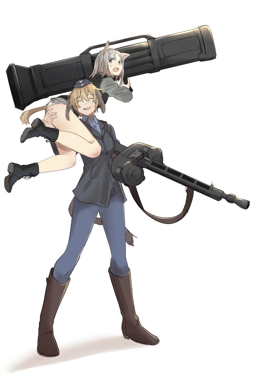 2girls absurdres animal_ears blonde_hair blue_pants boots brown_footwear carrying carrying_person closed_eyes dog_ears double-drum_magazine drum_magazine edytha_rossmann garrison_cap grey_hair gun hand_on_another&#039;s_ass hat high-capacity_magazine highres knee_boots machine_gun magazine_(weapon) mg42 military military_uniform multiple_girls okeke_power_nishiko over_shoulder panties pants pantyhose rocket_launcher saddle-drum smile sweatdrop underwear vest waltrud_krupinski weapon white_panties world_witches_series