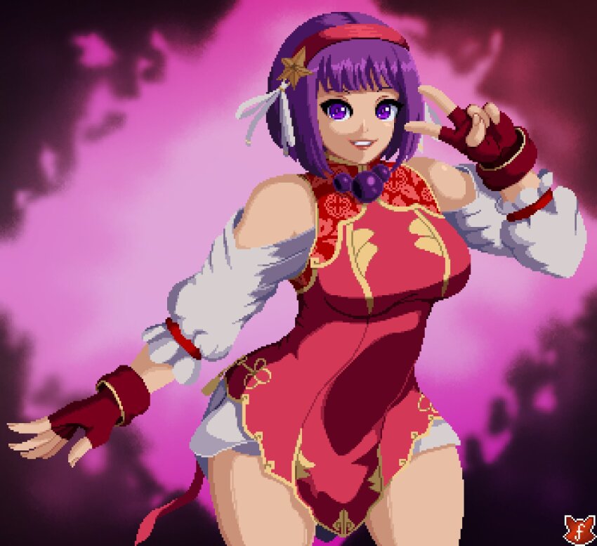 1girl asamiya_athena breasts curvy dress fingerless_gloves gloves hair_ornament hairband highres huge_breasts idol large_breasts looking_at_viewer pale_skin psycho_soldier purple_eyes purple_hair red_dress short_hair skirt smile smiley_face snk star_(symbol) star_hair_ornament the_king_of_fighters the_king_of_fighters_xv thick_thighs thighs wide_hips