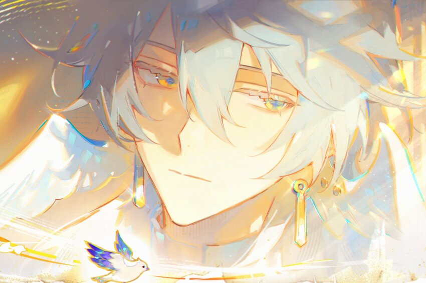 1boy closed_mouth earrings expressionless hair_between_eyes head_wings highres honkai:_star_rail honkai_(series) jewelry looking_to_the_side male_focus multicolored_eyes piercing renjian_shilian short_hair solo sunday_(honkai:_star_rail) white_wings wing_piercing wings yellow_eyes