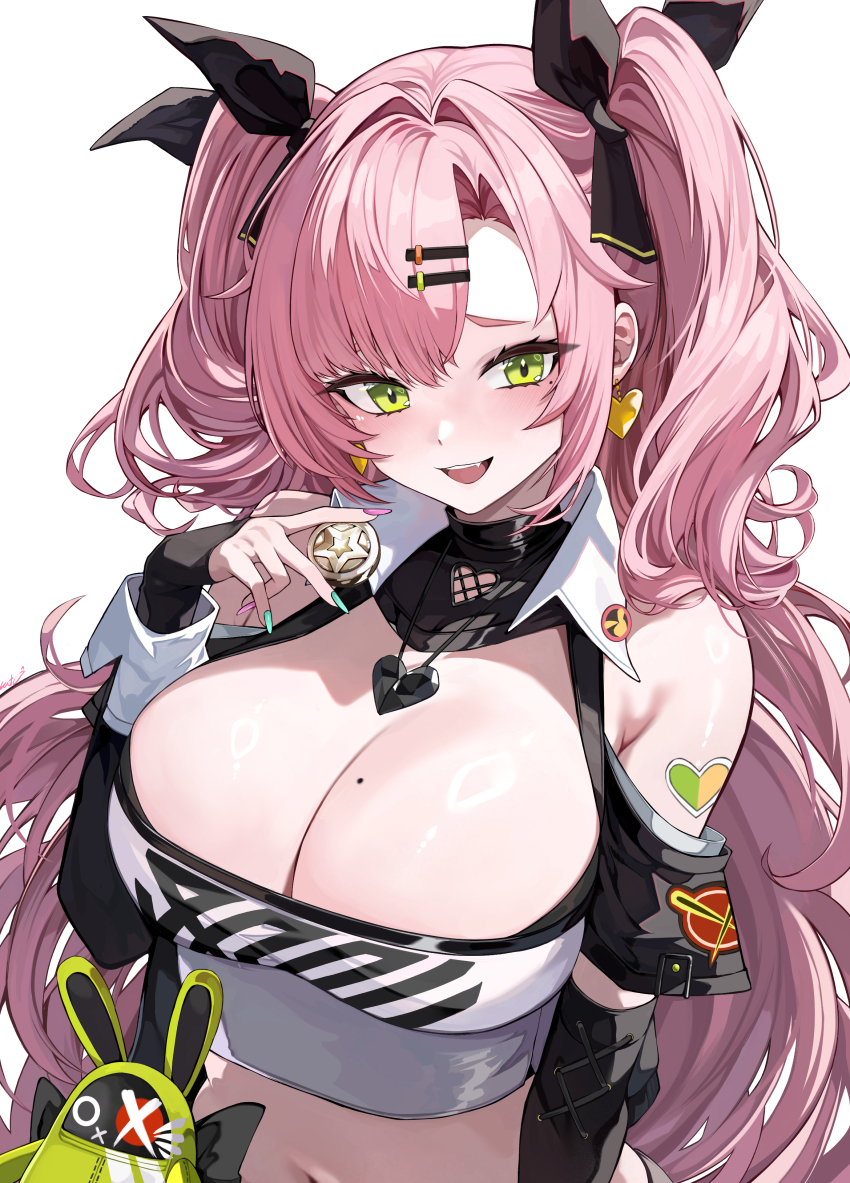 1girl :d absurdres amillion_(zenless_zone_zero) aqua_nails artist_name bangboo_(zenless_zone_zero) black_ribbon blush breasts character_name cleavage coin crop_top detached_sleeves earrings fang fingernails green_eyes hair_ribbon hashtag-only_commentary heart heart_earrings heart_necklace highres holding holding_coin huge_breasts jewelry kkato long_fingernails long_hair long_sleeves midriff mole mole_on_breast mole_under_eye multicolored_nails nail_polish navel necklace nicole_demara open_mouth pink_hair pink_nails ribbon shiny_skin signature simple_background smile strapless teeth tube_top two_side_up upper_teeth_only white_background white_tube_top zenless_zone_zero