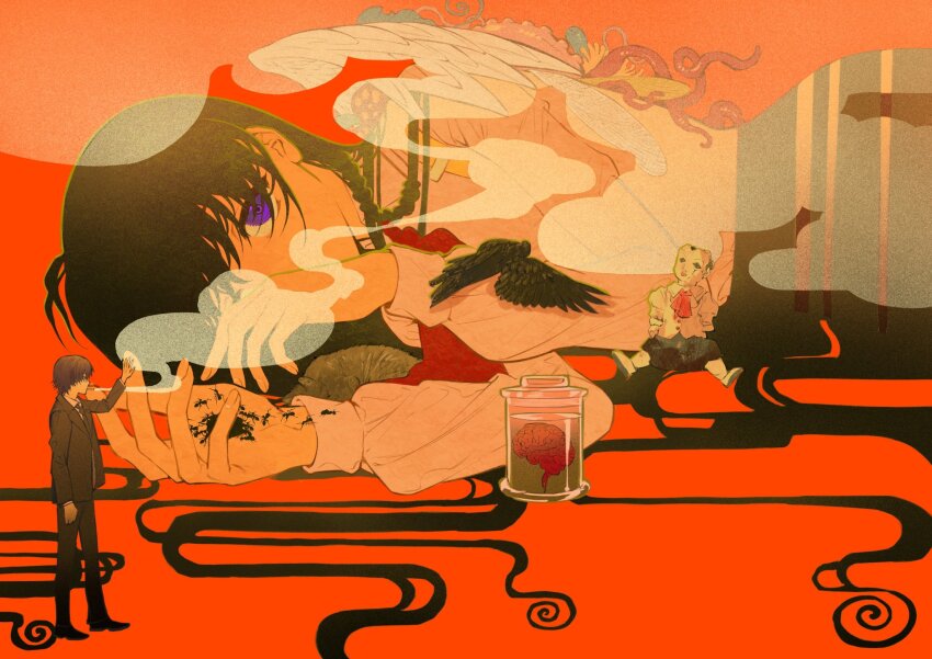 1boy 1girl angel_wings animal ant antenna_hair ascot asymmetrical_wings braid brain broken_doll brown_hair brown_pants brown_suit bug cigarette doll formal_clothes hair_flowing_over hand_over_face hand_up highres hitomi_hirosuke_(sayonara_wo_oshiete) holding holding_animal holding_another&#039;s_finger insect jar long_hair long_sleeves looking_at_another looking_at_viewer lying mismatched_wings mouth_hold on_side one_eye_covered orange_background pants purple_eyes red_ascot sayonara_wo_oshiete severed_wings shirt short_hair side_braid simple_background size_difference sleeve_cuffs smoke smoking standing sugamo_mutsuki suit symbolism tentacles tuzaixia very_long_hair white_shirt wings