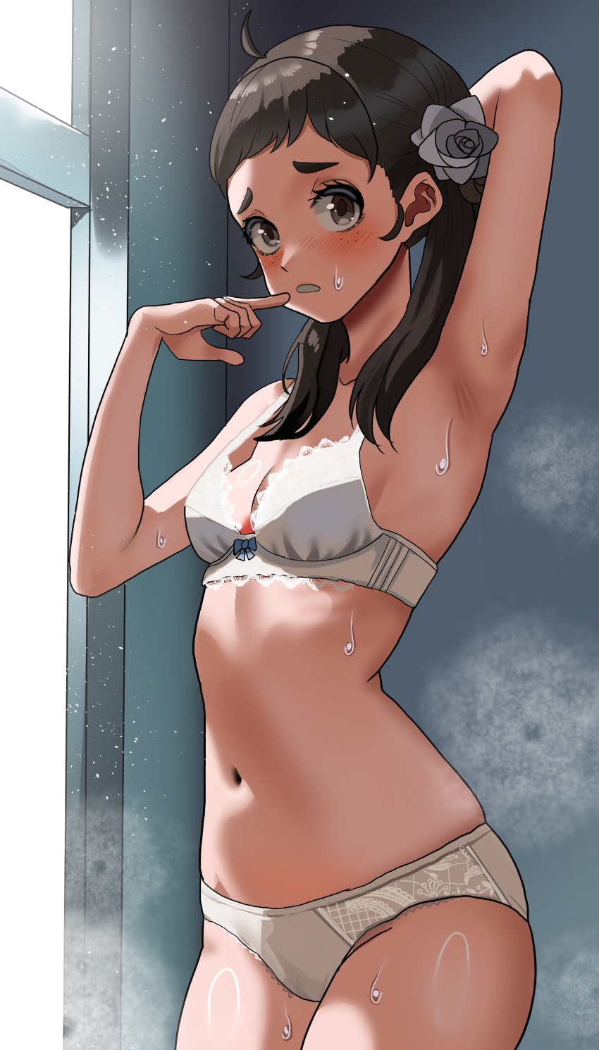 1girl absurdres ahoge armpits blush bow bow_panties bra breasts brown_eyes brown_hair commission finger_to_mouth fire_emblem fire_emblem_fates flower freckles hair_flower hair_ornament highres indoors lingerie long_hair looking_at_viewer mozu_(fire_emblem) navel nintendo open_mouth panties small_breasts solo steam sweat twintails underwear white_bra white_panties zd_(pixiv6210083)