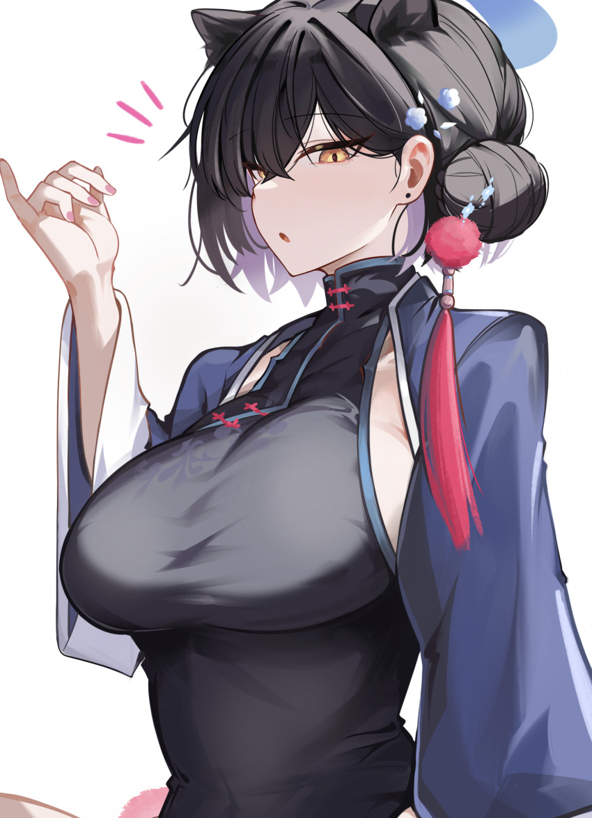 1girl animal_ears black_hair blue_archive breasts china_dress chinese_clothes dress hair_bun hana22 hand_up highres kaguya_(blue_archive) large_breasts open_mouth simple_background sleeveless_turtleneck_dress solo upper_body white_background yellow_eyes