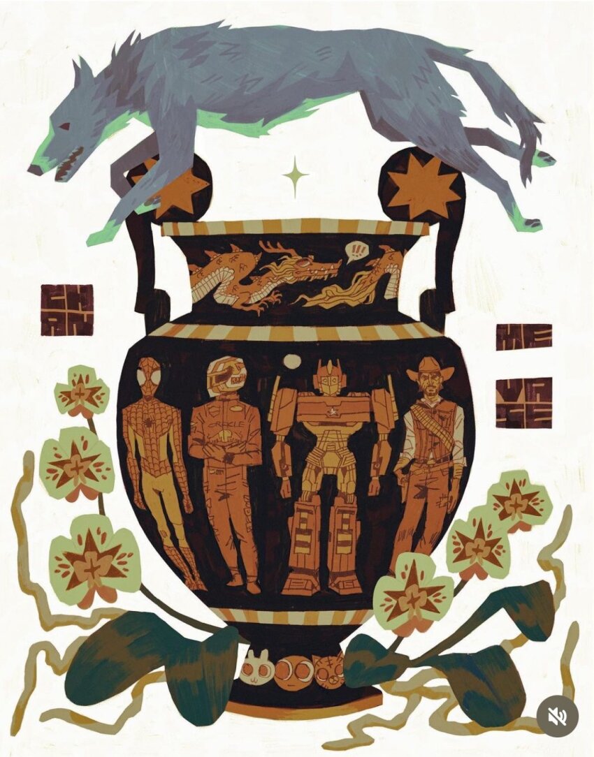 animal belt chan_(flesh.png) character_request copyright_request cowboy_hat dragon flower full_body hat helmet highres male_focus marvel marvel_cinematic_universe mecha multiple_boys plant robot signature simple_background spider-man standing vase white_background