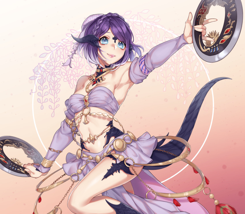 1girl absurdres arm_up armpits au_ra bandeau blue_eyes braid breasts closed_mouth commission dancer dancer_(final_fantasy) detached_sleeves dragon_horns dragon_tail dress dual_wielding eyebrows_hidden_by_hair final_fantasy final_fantasy_xiv highres holding holding_weapon horns jumping lipstick looking_at_viewer makeup nechynn purple_dress purple_hair scales short_hair simple_background small_breasts smile solo stomach strapless tail warrior_of_light_(ff14) weapon