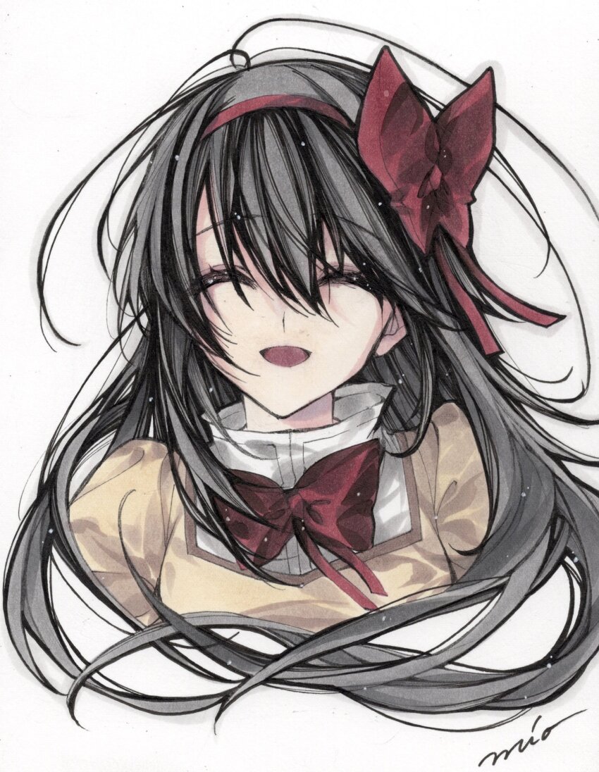 1girl akemi_homura black_hair bow bowtie closed_eyes cropped_torso hair_bow hairband highres long_hair mahou_shoujo_madoka_magica misteor mitakihara_school_uniform open_mouth red_bow red_bowtie red_hairband school_uniform shirt signature solo sweater white_shirt yellow_sweater