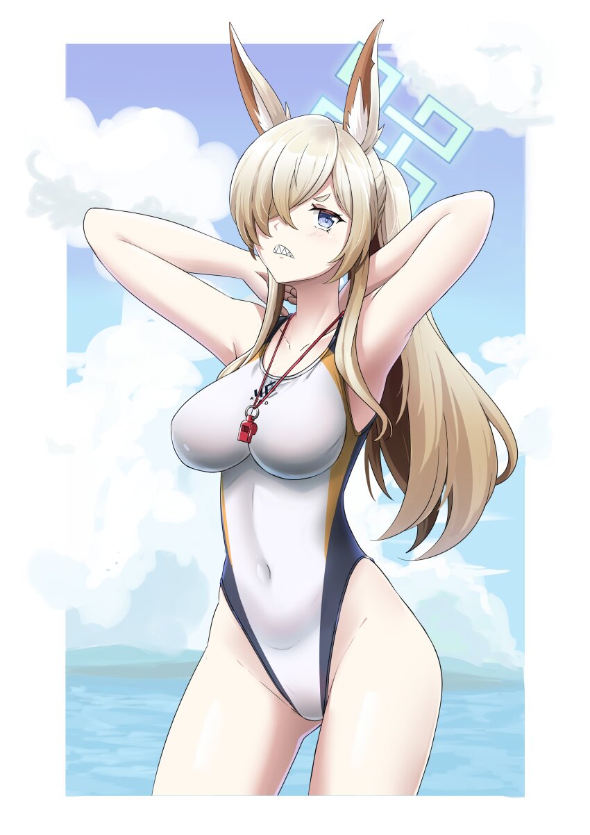 1girl absurdres animal_ear_fluff animal_ears armpits arms_up blonde_hair blue_archive blue_eyes blue_halo blue_sky blush border breasts clenched_teeth cloud cloudy_sky competition_swimsuit covered_erect_nipples day hair_over_one_eye halo highres kanna_(blue_archive) kanna_(swimsuit)_(blue_archive) large_breasts long_hair official_alternate_costume one-piece_swimsuit outdoors ponytail sharp_teeth simple_background sky solo sudhiro_sappurisa sweat swimsuit teeth v-shaped_eyebrows whistle whistle_around_neck white_border white_one-piece_swimsuit