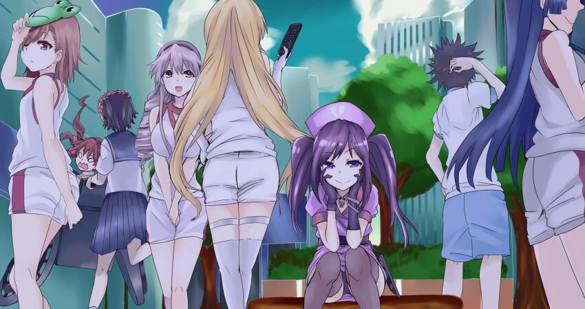 1boy 6+girls :d a_certain_high_school_gym_uniform academy_city angry asymmetrical_gloves black_hair black_skirt black_thighhighs blonde_hair blue_shorts broken_heart_print brown_eyes brown_hair city cloud controller dress drill_hair elbow_gloves elbows_on_knees frog_mask frogboxed gekota gloves gym_shirt gym_shorts hat head_rest head_wreath highres hokaze_junko holding holding_remote_control jewelry kamijou_touma kongou_mitsuko kouzaku_mitori long_hair looking_at_viewer mask mask_on_head misaka_mikoto mismatched_gloves multiple_girls necklace nurse_cap one_eye_closed open_mouth pleated_skirt purple_dress purple_gloves purple_hair purple_headwear red_trim remote_control sailor_collar sakugawa_school_uniform school_uniform scratching_head serafuku shirai_kuroko shirt shokuhou_misaki short_dress short_sleeves shorts skirt skull_necklace sky sleeveless sleeveless_shirt smile spiked_hair thighhighs toaru_kagaku_no_railgun toaru_kagaku_no_railgun_t toaru_majutsu_no_index tokiwadai_school_gym_uniform tokiwadai_school_uniform tree twintails uiharu_kazari wheelchair white_gloves white_shirt white_shorts white_thighhighs