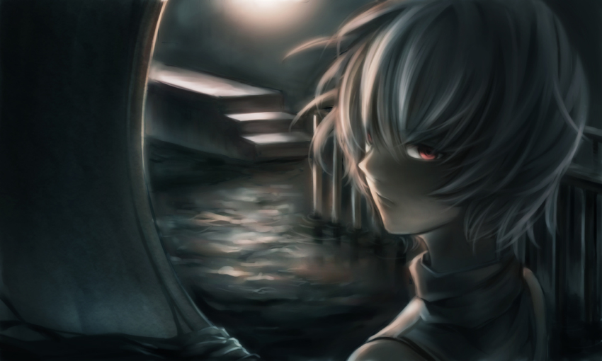 .flow 1girl bad_id bad_pixiv_id dark female_focus olmatown red_eyes sabitsuki sewer short_hair solo water