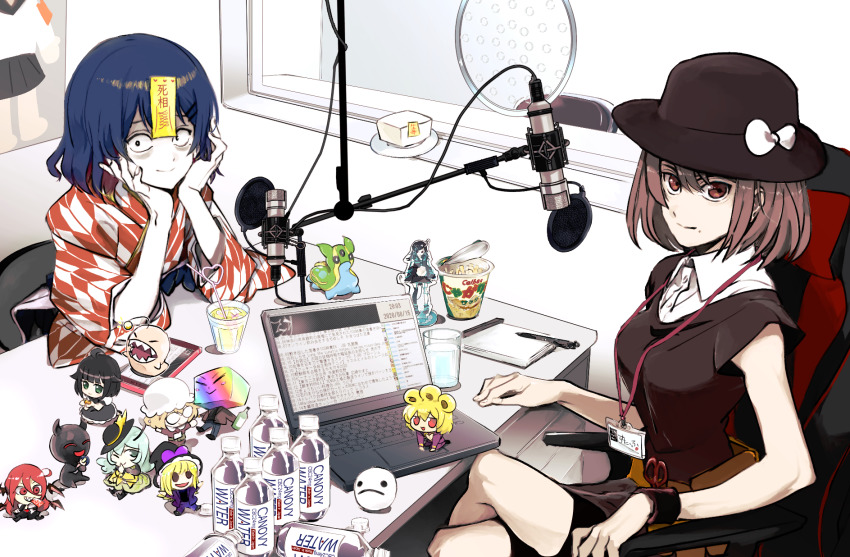 2girls aaliyahraylenard ahoge ants_(cookie) azuki_aisu_ranmaru bags_under_eyes black_dress black_eyes black_hair black_headwear black_skirt black_vest blonde_hair blue_hair bottle bow breasts brown_hair chair character_doll closed_mouth commentary_request computer cookie_(touhou) cosplay crazy_straw cup cycloalkane_(cookie) dated demon demon_wings doll dress drinking_straw food fumei_(cookie) gastrodon gen_4_pokemon gesuto_(nicoseiga115785837) giorno_giovanna giorno_giovanna_(cosplay) green_eyes green_skirt hat hat_bow head_rest head_wings heart_straw highres hijirino_(cookie) indie_virtual_youtuber indoors ipad jacket japanese_clothes jiko_mujun jojo_no_kimyou_na_bouken kimono kirisame_marisa koakuma komeiji_koishi lanyard laptop long_hair looking_at_viewer maribel_hearn medium_breasts microphone mini_person minigirl multiple_girls nanashi_inc. nintendo notepad nyon_(cookie) ofuda one_eye_closed orange_kimono pants patterned_clothing pen pokemon purple_bow purple_jacket purple_pants red_eyes red_hair school_uniform scissors serafuku shiriri_(cookie) shirt shishio_chris short_hair skirt smile studio studio_microphone sugar_lyric table tablet_pc tag tofu touhou usami_renko vest virtual_youtuber warui_gesuto water white_bow white_shirt wings witch_hat yagasuri yellow_shirt yumetsugimirura_(cookie)
