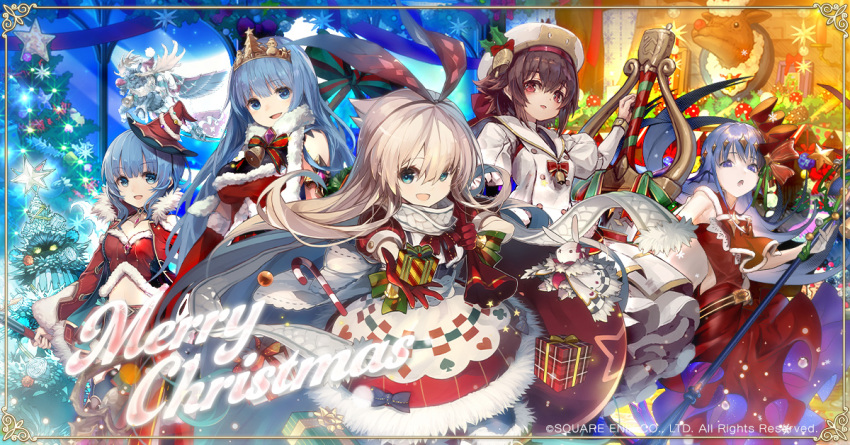 5girls alice_(seiya)_(grimms_notes) artist_collaboration blonde_hair blue_eyes blue_hair breasts brown_hair christmas christmas_present christmas_tree cinderella_(seiya)_(grimms_notes) copyright_notice fir_tree_(grimms_notes) gift grimms_notes holding holding_weapon hosato_mikine little_mermaid_(seiya)_(grimms_notes) merry_christmas midriff monster multiple_girls navel nuda official_art purple_eyes purple_hair red_eyes reindeer rudolph_the_red_nosed_reindeer_(grimms_notes) snow_white_(seiya)_(grimms_notes) suzuno_(bookshelf) tifa18 weapon yellow_eyes