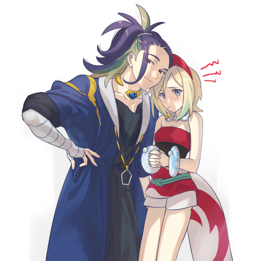 1boy 1girl absurdres adaman_(pokemon) arm_wrap blue_coat blue_eyes blue_hair blush brown_eyes coat collarbone green_hair highres irida_(pokemon) looking_at_viewer multicolored_hair nintendo own_hands_together pokemon pokemon_legends:_arceus raomeoy1101 shirt strapless strapless_shirt two-tone_hair