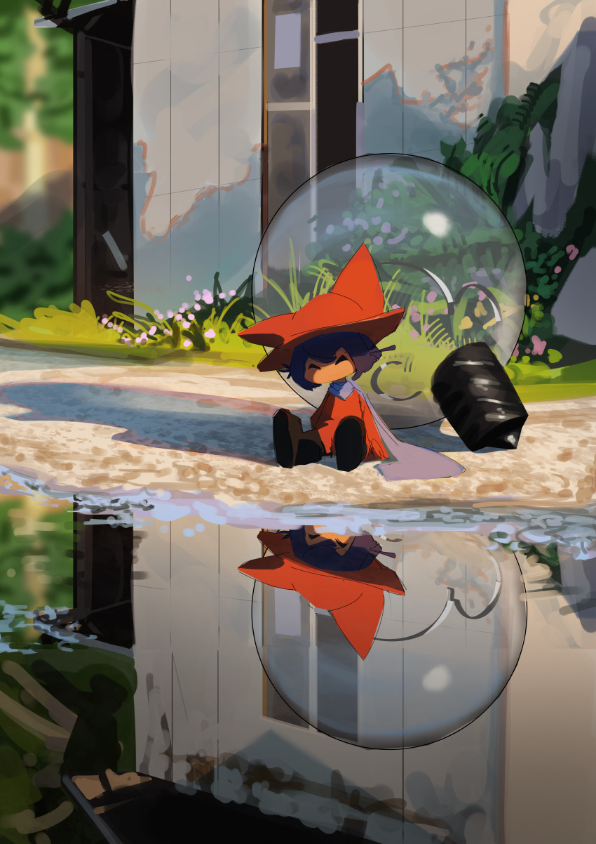1other ^_^ absurdres animal_hat art_study black_boots blue_scarf boots brown_hat bush cat_hat closed_eyes commentary double-parted_bangs english_commentary flower grass hat highres light_bulb long_scarf long_sleeves niko_(oneshot) no_mouth oneshot_(game) other_focus puddle purple_hair reflection reflective_water scarf shack shadches72 shadow short_hair sleeves_past_wrists solo tunic