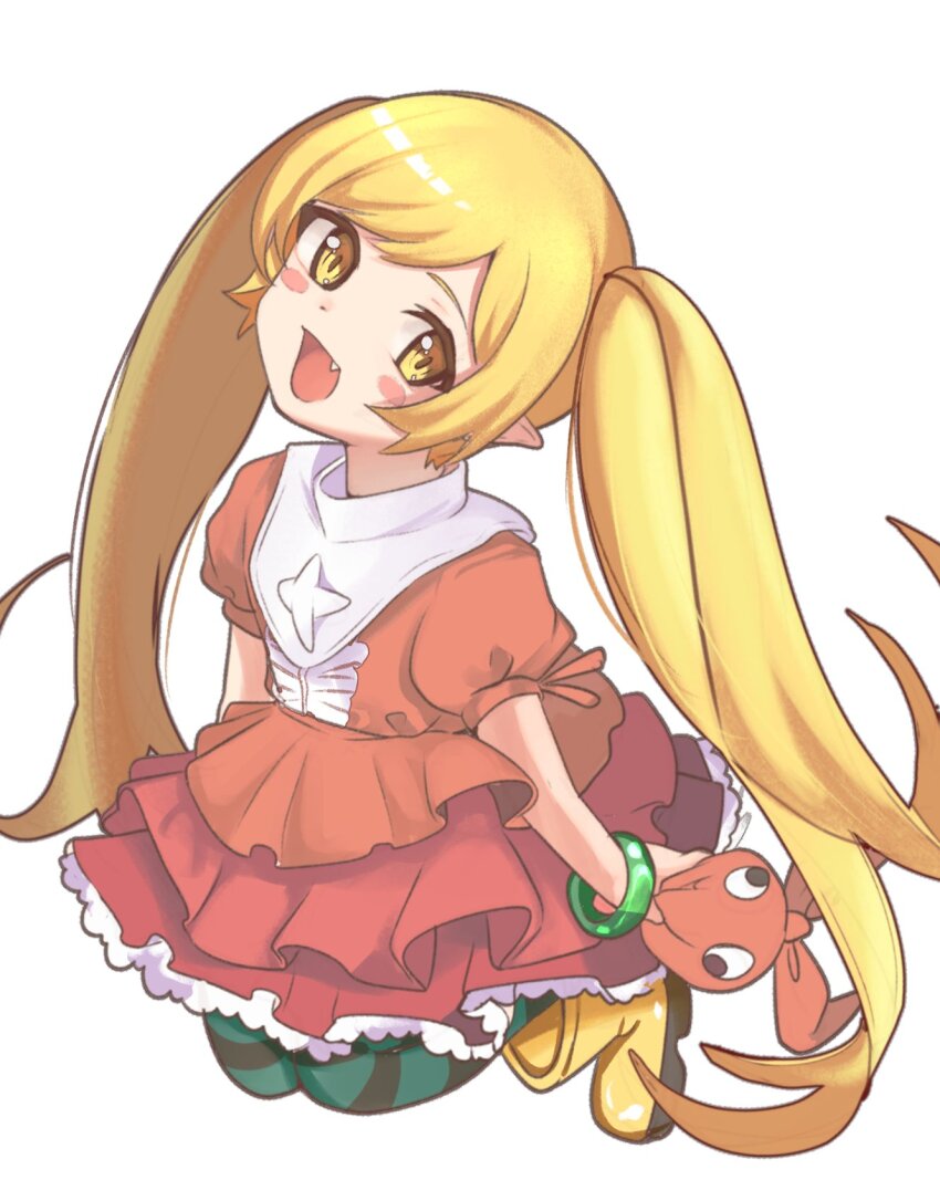 1girl alternate_hairstyle arms_at_sides black_thighhighs blonde_hair boots child cosplay dress fang female_focus frilled_dress frills green_thighhighs hat highres long_hair looking_at_viewer matching_hair/eyes meemz_a monogatari_(series) ononoki_yotsugi ononoki_yotsugi_(cosplay) open_mouth orange_dress orange_hat oshino_shinobu pointy_ears rubber_boots simple_background smile solo striped_clothes striped_thighhighs thighhighs twintails two-tone_dress two-tone_thighhighs unworn_hat unworn_headwear vampire white_background white_dress yellow_boots yellow_eyes