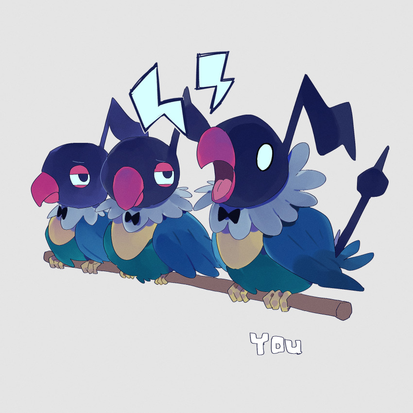 bird black_bow black_bowtie bow bowtie chatot commentary english_commentary gen_4_pokemon grey_background highres huo_jian looking_at_another narrowed_eyes nintendo no_humans no_pupils parody parrot pokemon pokemon_(creature) rhythm_tengoku side-by-side simple_background sitting