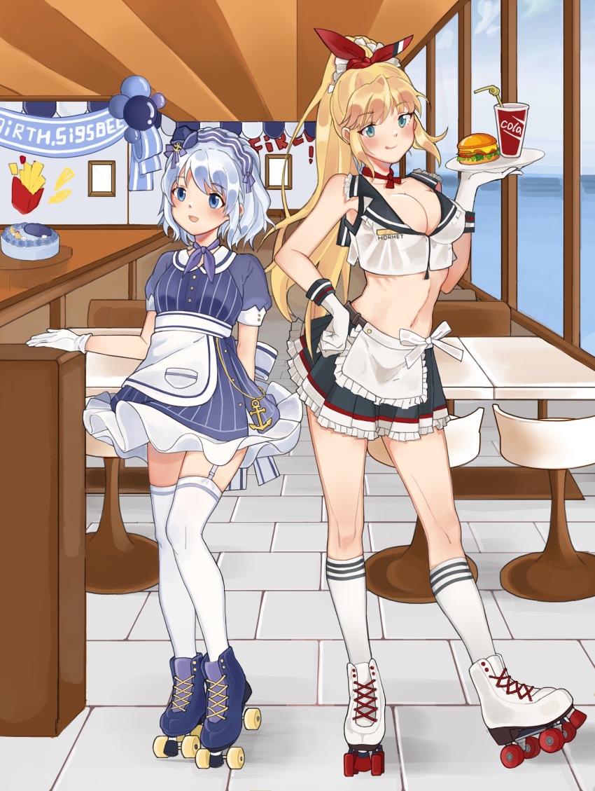 2girls :d :q absurdres anchor_symbol apron balloon bare_shoulders birthday_cake birthday_party blonde_hair blue_dress blue_eyes blue_headwear blue_neckerchief blush breasts burger cake ceiling chair chinese_commentary cleavage cola collarbone commentary_request crop_top cup day diner disposable_cup dress drinking_straw food frilled_apron frilled_dress frilled_hairband frilled_skirt frills full_body garter_straps gloves grey_skirt hair_tie hairband hand_on_own_hip hand_up hat highres holding holding_tray hornet_(warship_girls_r) indoors kneehighs lanyue long_hair looking_at_viewer looking_to_the_side medium_breasts midriff mini_hat multiple_girls navel neckerchief open_mouth pleated_skirt ponytail puffy_short_sleeves puffy_sleeves red_neckerchief restaurant roller_skates shadow shirt short_sleeves sidelocks sigsbee_(warship_girls_r) silver_hair skates skindentation skirt sleeveless sleeveless_shirt smile socks standing standing_on_one_leg swept_bangs table thighhighs tilted_headwear tongue tongue_out tray waist_apron waitress warship_girls_r white_apron white_gloves white_shirt window