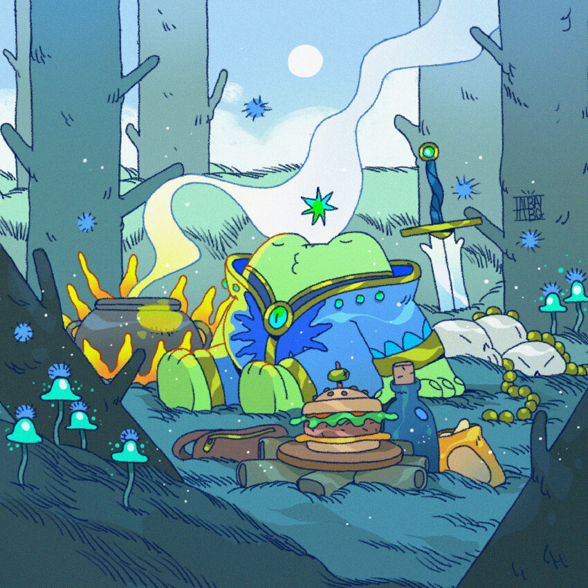 1boy albabg artist_logo bag_of_chips blue_sky bottle burger cauldron chips_(food) closed_eyes cloud day fantasy fire food forest frog frog_boy full_body highres logo mushroom nature original outdoors plant planted planted_sword planted_weapon rock scenery sitting skull sky sleeping smoke solo sparkle sun sword tree weapon wizard