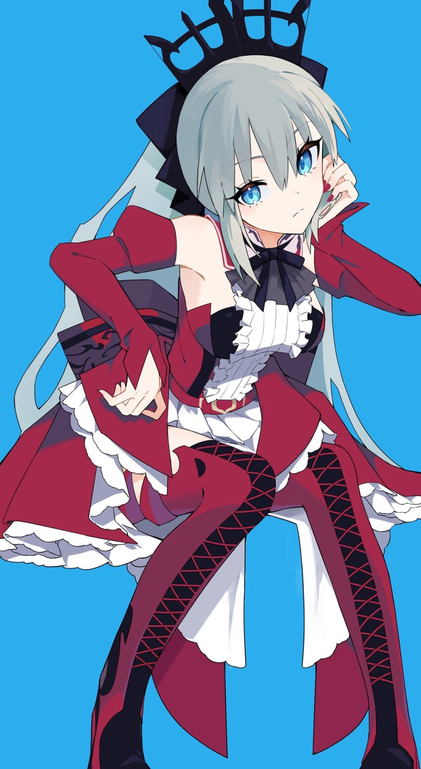 1girl ascot baobhan_sith_(fate) baobhan_sith_(fate)_(cosplay) baobhan_sith_(first_ascension)_(fate) black_bow blue_eyes boots bow breasts center_frills cosplay detached_sleeves dress fate/grand_order fate_(series) frilled_dress frills grey_ascot grey_hair highres long_hair looking_at_viewer ma_ple medium_breasts morgan_le_fay_(fate) ponytail red_boots red_dress solo thigh_boots very_long_hair