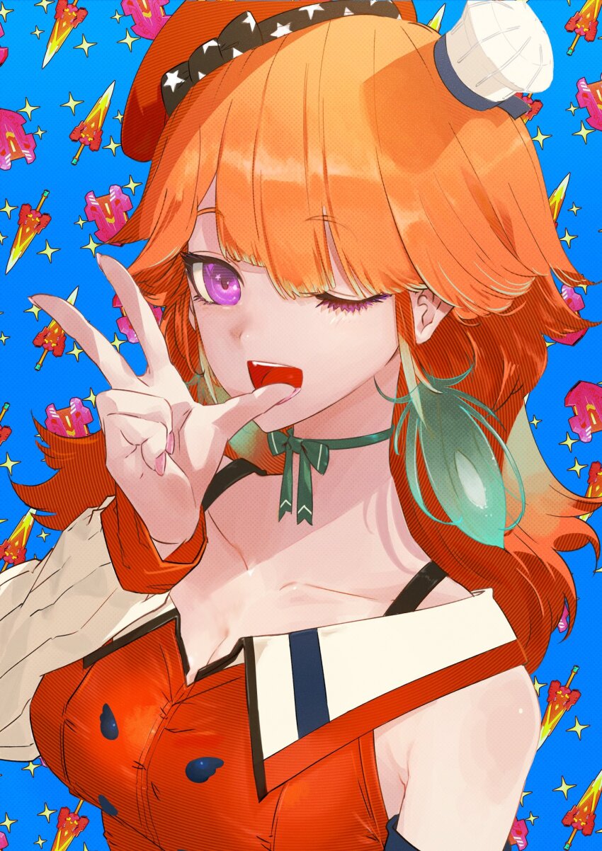 1girl ;d beret blue_background bow bow_choker bra_strap breasts chef_hat choker cleavage collarbone collared_shirt commentary_request detached_sleeves eyelashes green_bow green_choker hat highres hololive hololive_english huke long_hair looking_at_viewer medium_breasts multiple_hats nail_polish one_eye_closed open_mouth orange_hair orange_hat orange_shirt pink_nails purple_eyes shirt sideways_glance sleeveless sleeveless_shirt smile solo star_(symbol) star_in_eye symbol_in_eye takanashi_kiara takanashi_kiara_(1st_costume) upper_body virtual_youtuber w white_hat