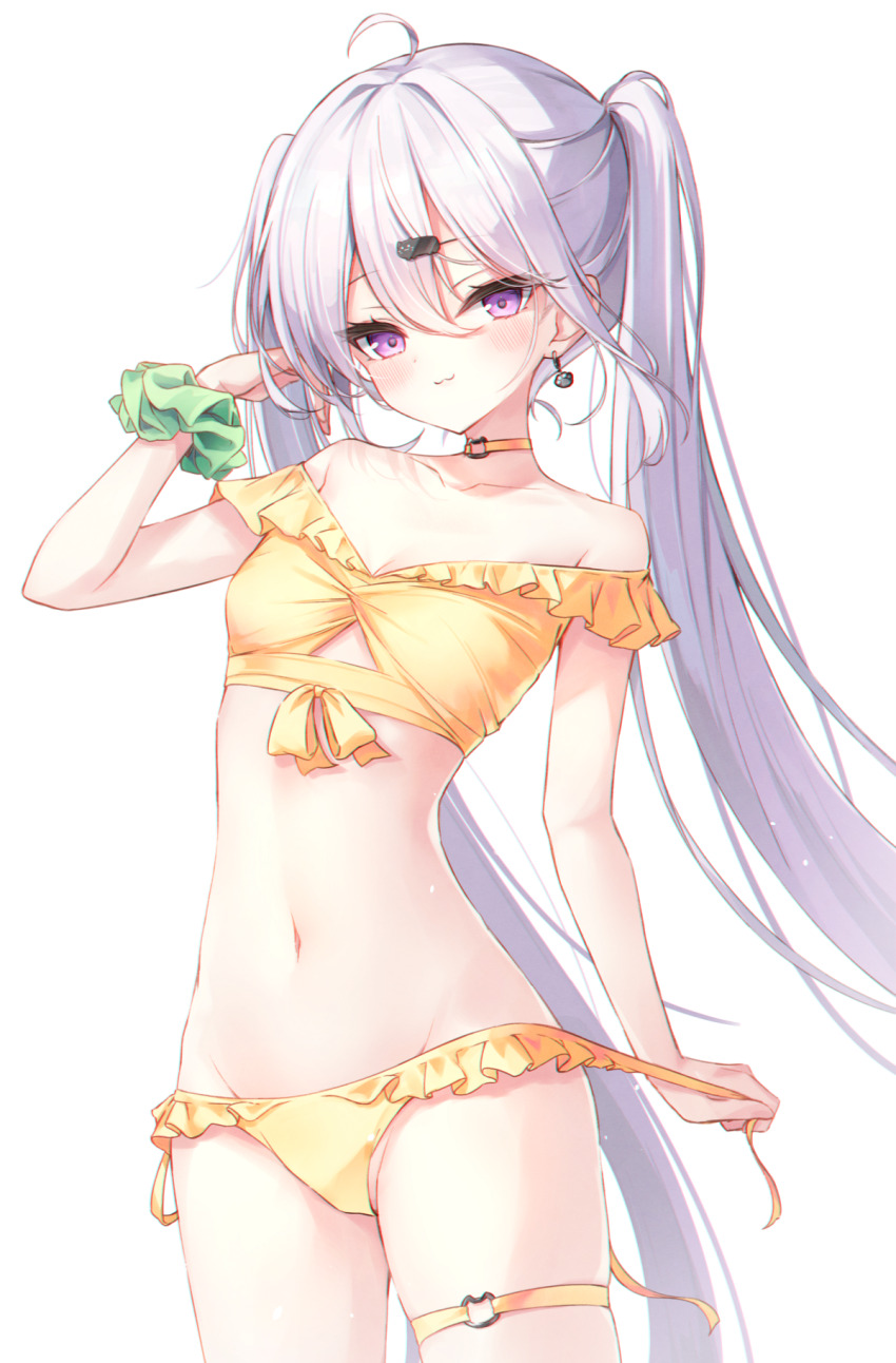 1girl :3 ahoge arm_up bare_shoulders beliatan bikini blush breasts cat_hair_ornament cat_paw choker commentary cowboy_shot earrings frilled_bikini frills hair_between_eyes hair_ornament hand_on_own_face highres jewelry long_hair looking_at_viewer navel original purple_eyes simple_background small_breasts smile solo standing swimsuit symbol-only_commentary thigh_strap thighs twintails untied_bikini_bottom untying very_long_hair white_background white_hair yellow_bikini yellow_choker