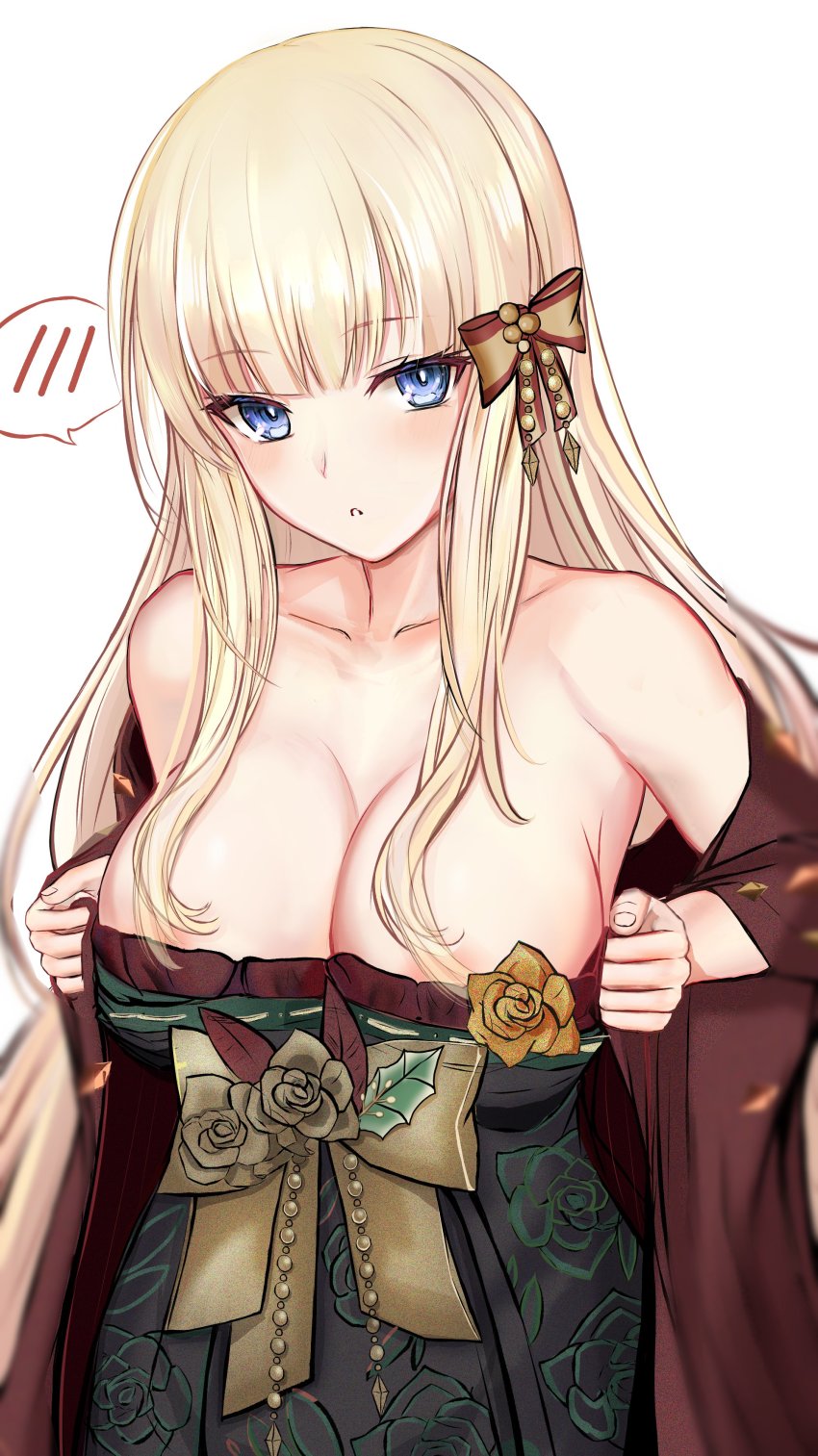 1girl absurdres blonde_hair blue_eyes blush bow breasts efuri_(riarea00) elf hair_bow hair_ornament highres large_breasts long_hair looking_at_viewer open_mouth pointy_ears princess_connect! saren_(christmas)_(princess_connect!) saren_(princess_connect!) solo split_mouth white_background