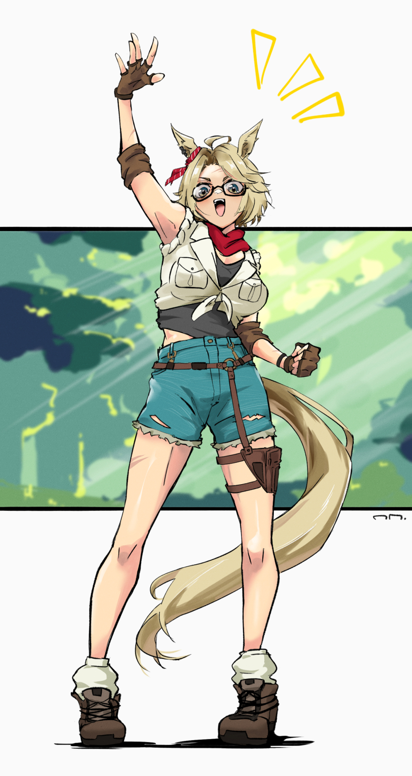 1girl absurdres animal_ears armpits bandaid bandaid_on_face bandaid_on_nose black_undershirt blonde_hair boots denim denim_shorts elbow_pads fingerless_gloves forest front-tie_top glasses gloves highres hip_strap horse_ears horse_girl horse_tail light_rays nature open_mouth ringring_(artist) scarf short_hair shorts sleeveless socks solo sunbeam sunlight tail torn_clothes torn_shorts tree tucker_bryne_(umamusume) umamusume waving