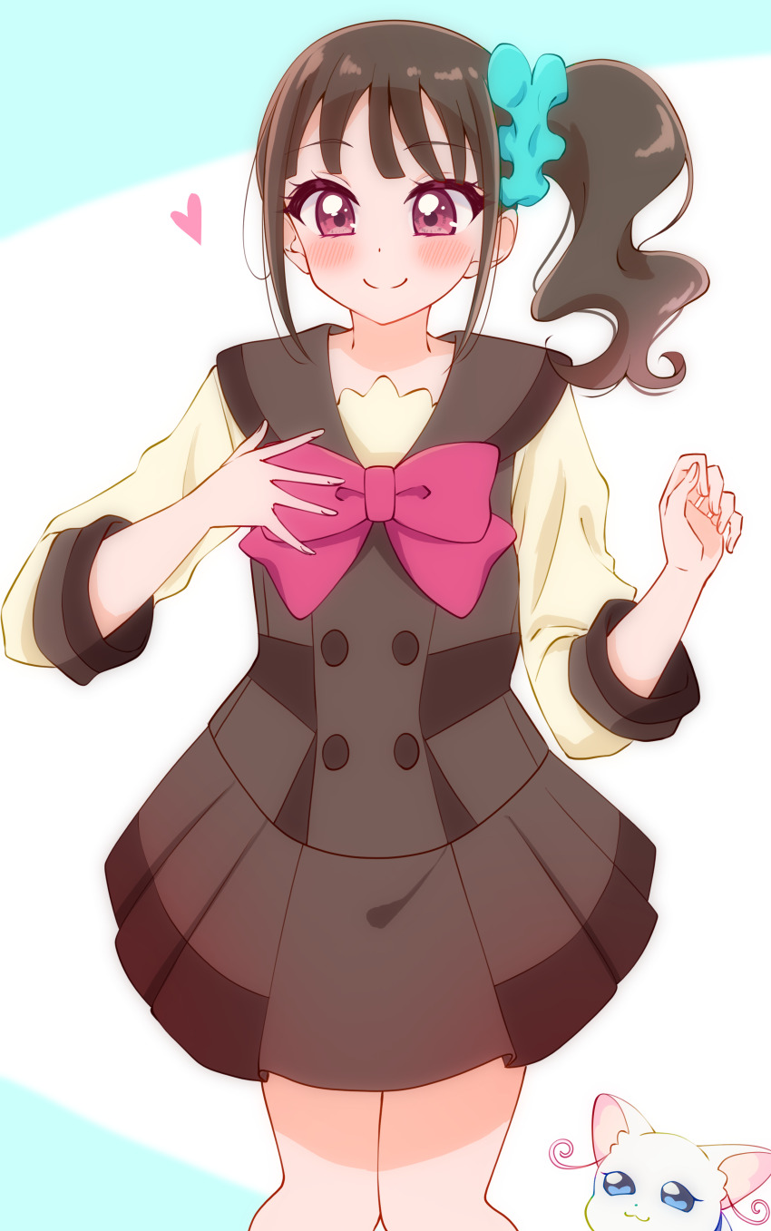 1girl absurdres aqua_scrunchie black_hair brown_sailor_collar brown_shirt brown_skirt cat closed_mouth hair_ornament hair_scrunchie heart highres long_sleeves looking_at_viewer medium_hair miniskirt nekoyashiki_mayu nekoyashiki_yuki nekoyashiki_yuki_(cat) pleated_skirt precure purple_eyes sailor_collar school_uniform scrunchie second_wangan_school_uniform serafuku shirt side_ponytail skirt smile solo standing sugimura_mickey wonderful_precure!