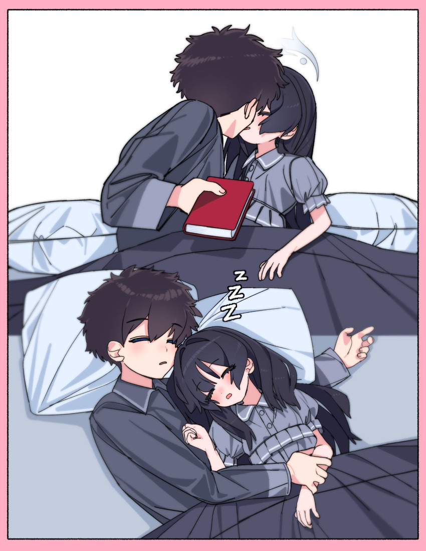 1boy 1girl absurdres alternate_costume alternate_hairstyle arms_around_waist bed black_hair blanket blue_archive blush book closed_eyes cuddling hetero highres je_o_mo kisaki_(blue_archive) kiss on_bed pajamas pillow sensei_(blue_archive) sensei_(blue_archive_the_animation) sleeping sleeping_together under_covers zzz