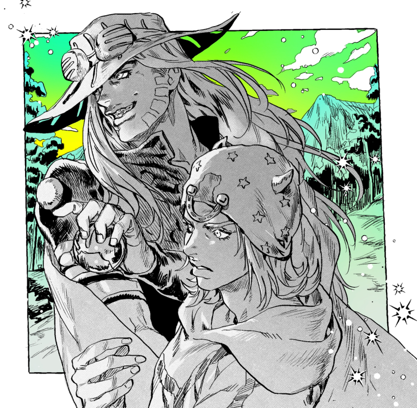 2boys ball beanie beard cape facial_hair forest goggles goggles_on_headwear grills gyro_zeppeli hair_horns halftone hat holding holding_ball horseshoe_ornament johnny_joestar jojo_no_kimyou_na_bouken lips long_hair male_focus mountain multiple_boys nature nitako partially_colored scarf sky steel_ball_run