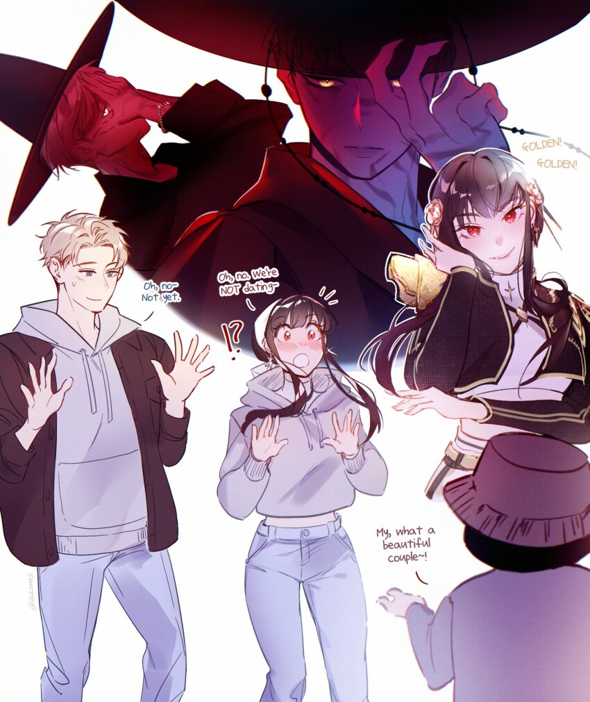 1boy black_hair blonde_hair blue_eyes blush breasts couple earrings gold_earrings gold_hairband hairband hetero highres husband_and_wife ideksams jewelry kpop_demon_hunters large_breasts long_hair long_sleeves open_mouth red_eyes shirt short_hair sidelocks smile spy_x_family twilight_(spy_x_family) yor_briar
