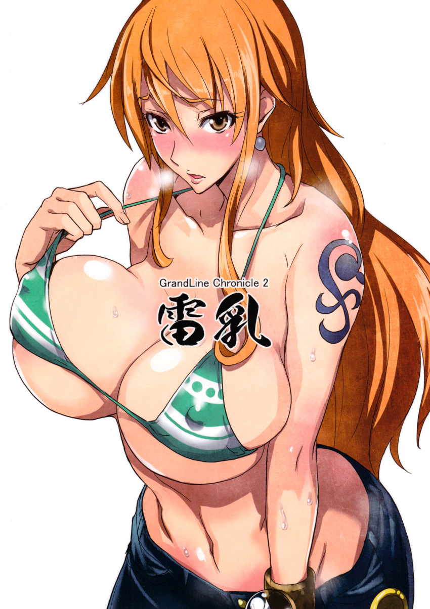 1girl bare_shoulders bikini bikini_top_only blush breast_press breasts brown_eyes covered_erect_nipples curvy denim earrings female_focus highres huge_breasts isao jeans jewelry long_hair looking_at_viewer nami_(one_piece) navel one_piece open_mouth orange_hair pants sabaody_archipelago simple_background solo standing sweat swimsuit tattoo white_background