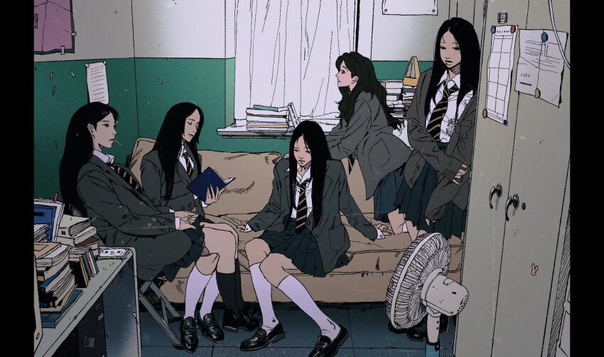 5girls black_eyes black_footwear black_hair black_lips blazer book cbb_(tuucoo) chair collared_shirt couch curtains danielle_(newjeans) folding_chair forehead grey_jacket haerin_(newjeans) hair_behind_ear hanni_(newjeans) highres holding holding_book hyein_(newjeans) indoors jacket k-pop leaning_forward locker long_hair minji_(newjeans) multiple_girls necktie newjeans pleated_skirt real_life red_necktie school_uniform shirt shoes sitting skirt socks white_shirt white_socks