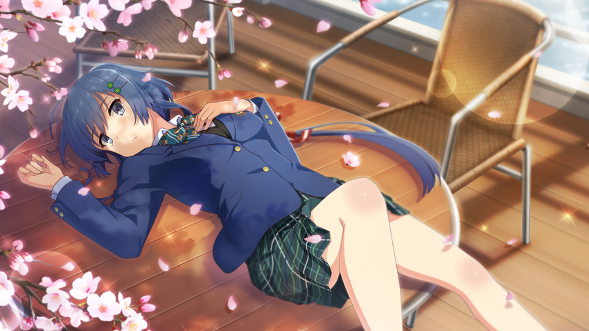 1girl blazer blue_eyes blue_hair blue_jacket bow bowtie breasts chair cherry_blossoms collared_shirt cosplay falling_petals game_cg gems_company green_bow green_bowtie green_skirt hair_ornament hairclip jacket large_breasts leg_up long_hair long_sleeves looking_at_viewer lying miniskirt official_art on_back on_table petals plaid_clothes plaid_skirt pleated_skirt school_uniform setouchi_chie shirt sidelocks skirt solo table tamane_uta tamane_uta_(cosplay) toji_no_miko toji_no_miko:_kizamishi_issen_no_tomoshibi white_shirt