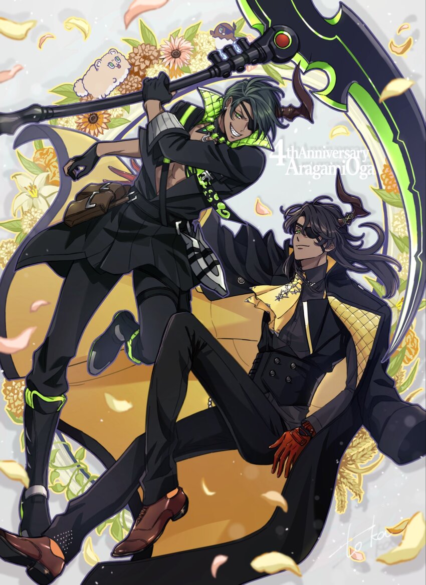 2boys abs anniversary aragami_oga aragami_oga_(underworld_aristocracy) ascot belt belt_pouch black_belt black_coat black_collar black_footwear black_gloves black_hair black_jacket black_pants black_shirt boots brown_footwear chungami closed_mouth cm10th coat coat_on_shoulders collar collared_shirt creature cross-laced_footwear cummerbund curtained_hair dahlia daisy_(flower) dark-skinned_male dark_skin demon_horns dress_shoes dual_persona earrings eyepatch falling_petals flower flower_wreath full_body gem gloves green_eyes green_gemstone grey_background grin hair_over_one_eye highres holding holding_scythe holostars horn_ornament horns horseshoe_ornament jacket jewelry knee_boots lily_(flower) long_hair looking_at_viewer male_focus multiple_boys official_alternate_costume open_clothes open_shirt orange_flower padded_shirt pants partially_fingerless_gloves petals plant pomekorokke pomeranian_(dog) pouch red_gloves sam_browne_belt scythe sharp_teeth shirt short_hair single_horn sleeve_cuffs smile teeth vines virtual_youtuber wheat white_flower yellow_ascot yellow_coat yellow_flower