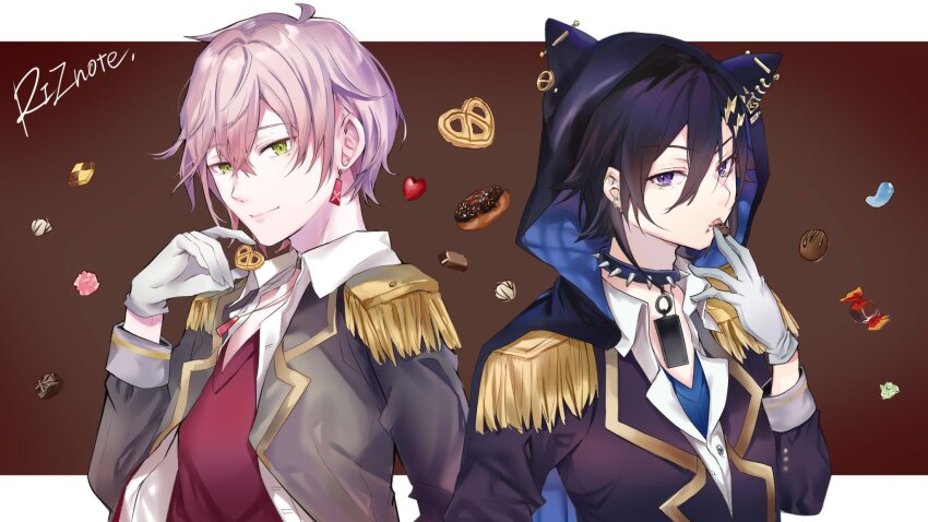 2boys alternate_costume animal_hood between_fingers black_cape black_choker black_collar black_hair black_jacket blue_shirt border brown_background candy cape cat_hood checkerboard_cookie chocolate choker collar collared_shirt cookie crossed_bangs donut earrings epaulettes food food_in_mouth gloves green_eyes grey_jacket group_name hair_between_eyes hair_ornament hairclip highres holding holding_food holostars hood hood_up hooded_cape ifuudoudou_(vocaloid) jacket jewelry kanade_izuru lapels lightning_bolt lightning_bolt_hair_ornament lightning_bolt_symbol looking_at_viewer male_focus multiple_boys nana_kagura notched_lapels official_art open_clothes open_jacket open_shirt outside_border pendant pink_hair purple_eyes red_shirt rikka_(holostars) shirt shirt_under_shirt short_hair single_earring sleeve_cuffs smile spiked_collar spikes tongue tongue_out two-sided_cape two-sided_fabric undershirt upper_body v-fin v-shaped_eyebrows virtual_youtuber white_border white_gloves white_shirt