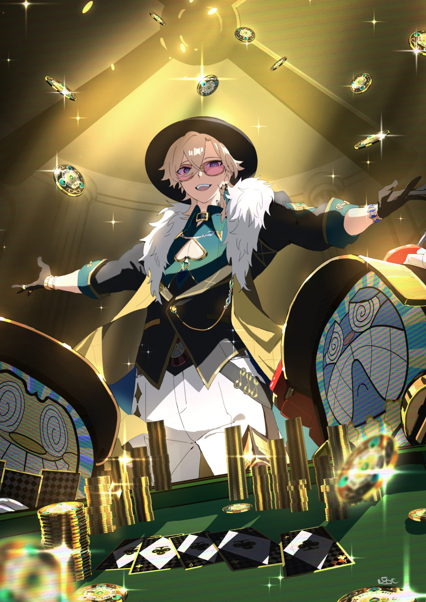1boy 2others @_@ absurdres aventurine_(honkai:_star_rail) black_coat black_gloves black_hat blonde_hair bracelet card ceiling_fan cleavage_cutout clothing_cutout coat commentary_request cowboy_shot dreamjolt_troupe&#039;s_mr._domescreen earrings fur-trimmed_coat fur_trim gloves hat highres honkai:_star_rail honkai_(series) indoors jewelry multiple_bracelets multiple_others outstretched_arms pants pectoral_cleavage pectorals pink-tinted_eyewear pirohi_(pirohi214) playing_card poker_chip poker_table single_earring sparkle spread_arms sunglasses table tinted_eyewear white_pants