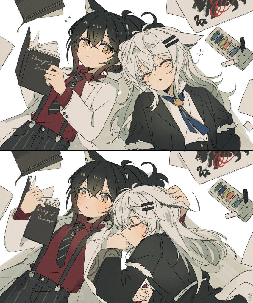 2girls aged_down animal_ears arknights black_hair black_jacket black_necktie black_pants book coat collared_shirt crayon cropped_jacket crossed_bangs drawing_(object) floppy_ears green_eyes grey_coat grey_hair hair_between_eyes hair_ornament hairclip headpat highres holding holding_book jacket lappland_(arknights) long_hair multiple_girls necktie open_clothes open_coat open_jacket pants reading red_shirt seri_(vyrlw) shirt sleeping suspenders texas_(arknights) wolf_ears wolf_girl