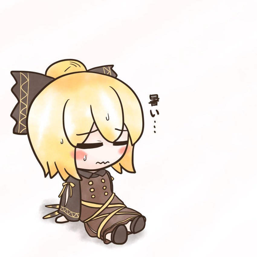1girl =_= arm_support black_bow black_dress black_footwear black_shirt blonde_hair blush bow brown_vest buttons dress closed_eyes hair_bow highres kogata_tanishi kurodani_yamame long_sleeves shirt simple_background sitting solo sweat touhou vest white_background writing