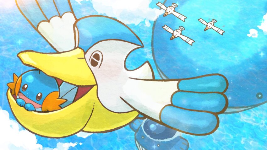 beak bird cloud commentary_request flying gen_3_pokemon highres mudkip nintendo no_humans ocean oekakisulungo official_art open_mouth pelican pokemon pokemon_(creature) project_voltage seagull smile swimming vocaloid wailmer wailord water whale wingull