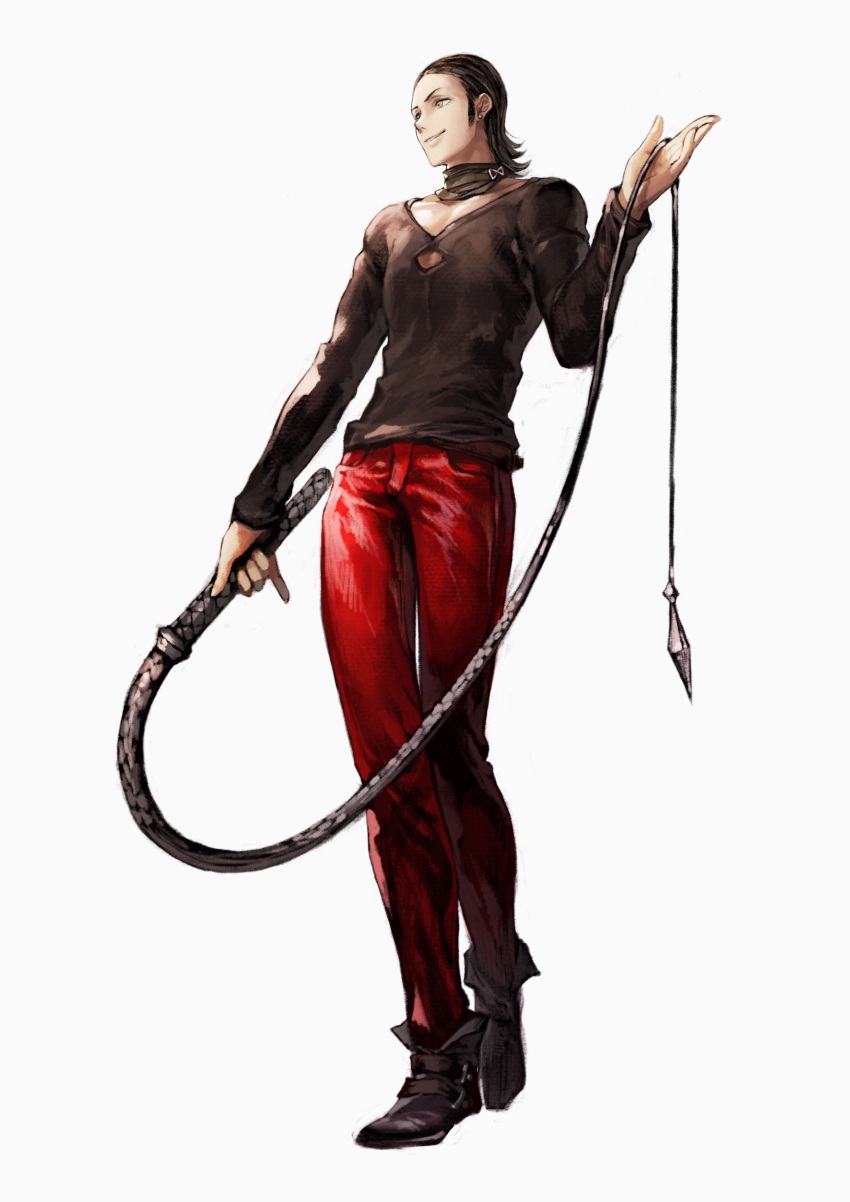 1boy absurdres alternate_costume black_hair black_shirt collarbone commentary_request dragon_quest dragon_quest_xi earrings full_body green_eyes grin hair_slicked_back highres holding holding_weapon holding_whip infinity_symbol jewelry jun_(navigavi) long_sleeves looking_to_the_side medium_hair necklace pants partial_commentary red_pants shirt smile stud_earrings sylvia_(dq11) v-neck weapon white_background