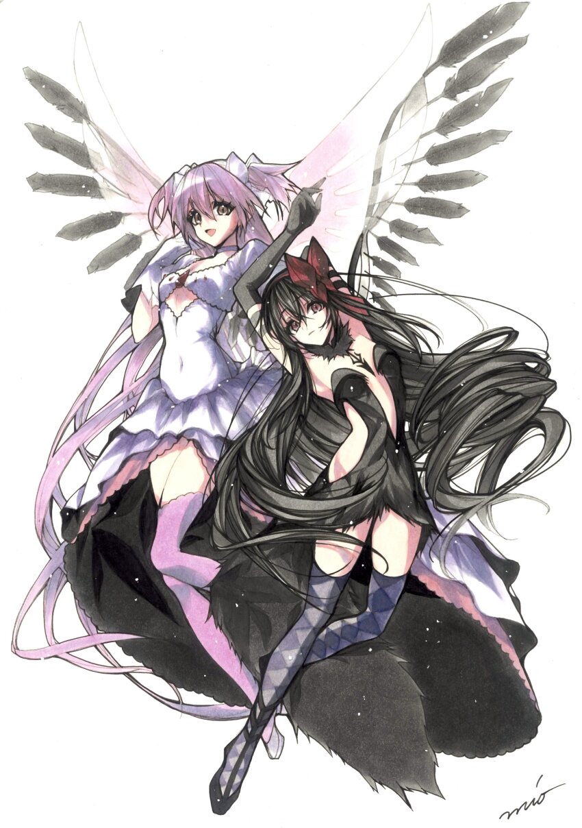 2girls absurdres akemi_homura akuma_homura argyle_clothes argyle_thighhighs black_dress black_hair bow choker clothing_cutout covered_navel cutout_above_navel dress feathered_wings full_body hair_bow highres kaname_madoka mahou_shoujo_madoka_magica mahou_shoujo_madoka_magica:_hangyaku_no_monogatari marker_(medium) misteor multiple_girls pink_hair pink_thighhighs red_bow side_cutout signature strapless strapless_dress thighhighs traditional_media two_side_up ultimate_madoka white_bow white_choker white_dress wings