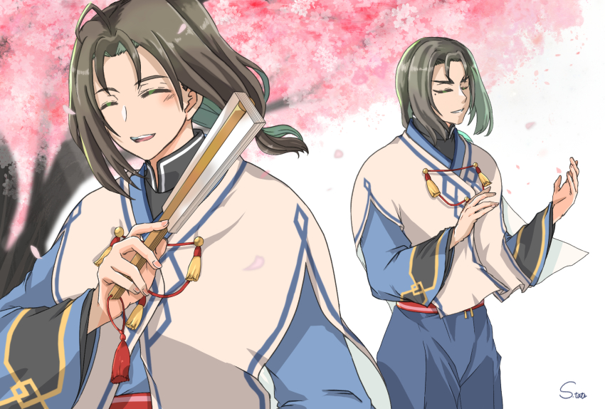 2boys ainu_clothes aquaplus arm_up arms_up cherry_blossoms closed_eyes cowboy_shot fingernails haku_(utawarerumono) hand_fan highres holding holding_fan holding_weapon long_sleeves medium_hair mole mole_under_eye multiple_boys nose parted_bangs parted_lips petals sakatattsun sidelocks signature teeth tongue tree ukon_(utawarerumono) utawarerumono utawarerumono:_futari_no_hakuoro utawarerumono:_itsuwari_no_kamen weapon wide_sleeves