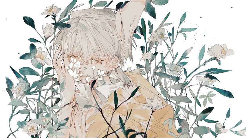 1boy aesop_carl ayi15181 closed_eyes crying eyelashes fingernails flower highres identity_v long_sleeves low_ponytail male_focus medium_hair parted_lips ponytail solo stitched_mouth stitches surrounded_by_hands tears white_background white_flower white_hair